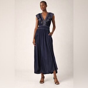 ✨ Ramy Brook Navy Embroidered Ruffle Maxi Dress